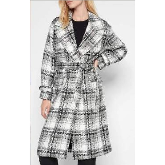 NEW EXPRESS BLACK WHITE GRAY PLAID BELTED WRAP FRONT COAT SIZE SMALL - Picture 3 of 10